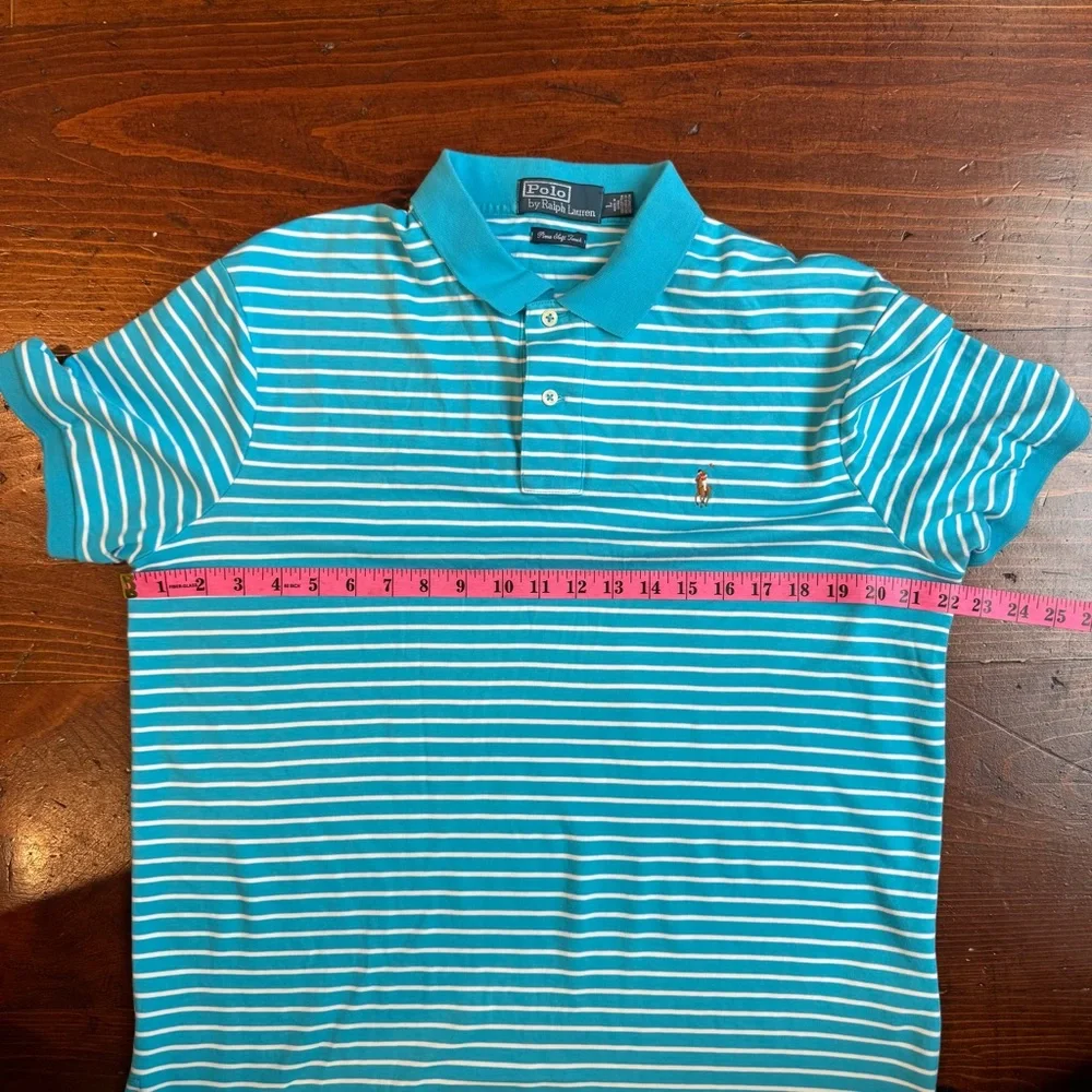 Polo by Ralph Lauren Teal and White Striped Polo‎ Shirt- Pima Soft Touch- Large